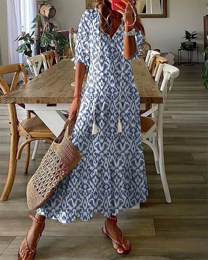 Summer Maxi Dress – Flowy A - Line V - Neck Printed Dress for Women - Nalani - Fashion Clothing and Decor