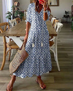 Summer Maxi Dress – Flowy A - Line V - Neck Printed Dress for Women - Nalani - Fashion Clothing and Decor