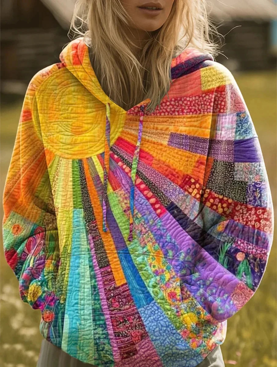 Sunburst Patchwork Hoodie - Relaxed Fit Pullover with Front Pocket - Nalani - Fashion Clothing and Decor