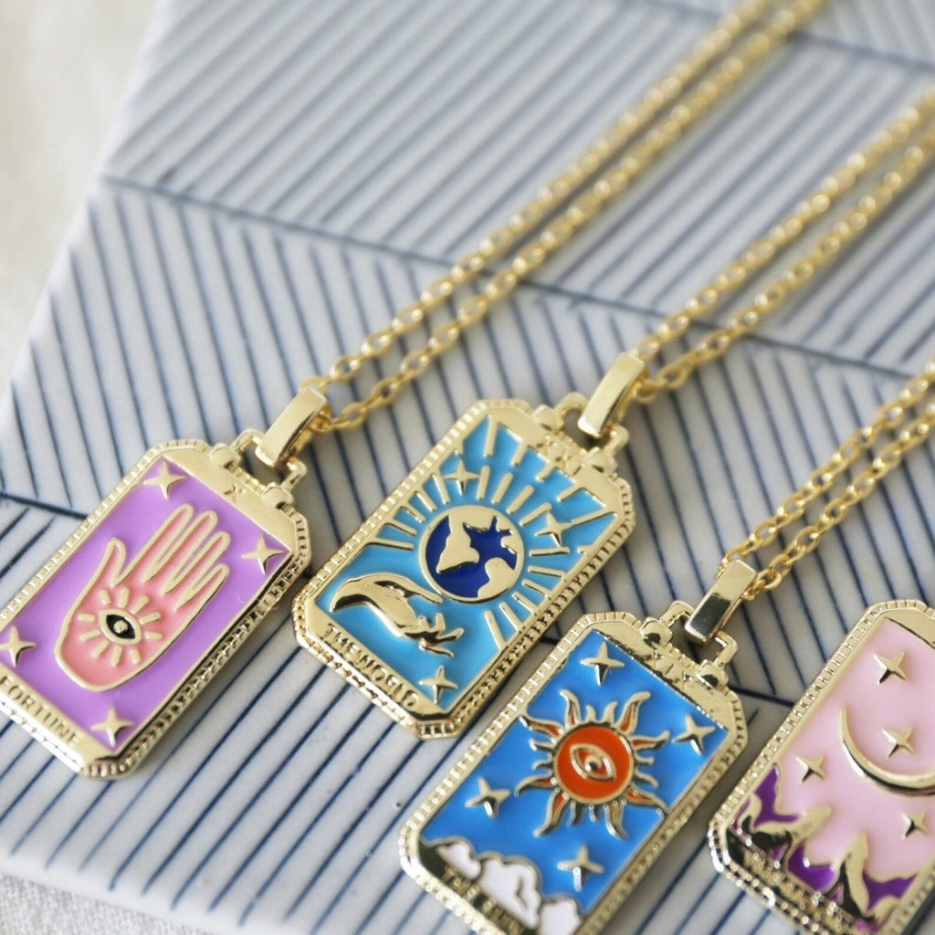 Tarot Card Necklace – Stainless Steel Tarot Pendant Necklace, Sun, Moon, Star & World, Each with Its Own Meaning – Amore - Nalani - Fashion Clothing and Decor