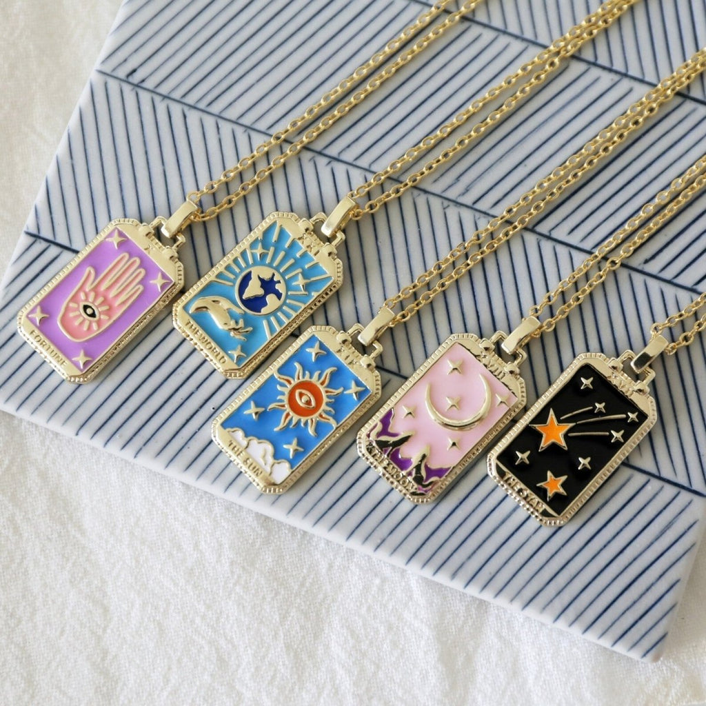 Tarot Card Necklace – Stainless Steel Tarot Pendant Necklace, Sun, Moon, Star & World, Each with Its Own Meaning – Amore - Nalani - Fashion Clothing and Decor