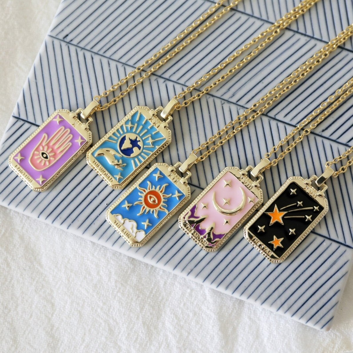 Tarot Card Necklace – Stainless Steel Tarot Pendant Necklace, Sun, Moon, Star & World, Each with Its Own Meaning – Amore - Nalani - Fashion Clothing and Decor
