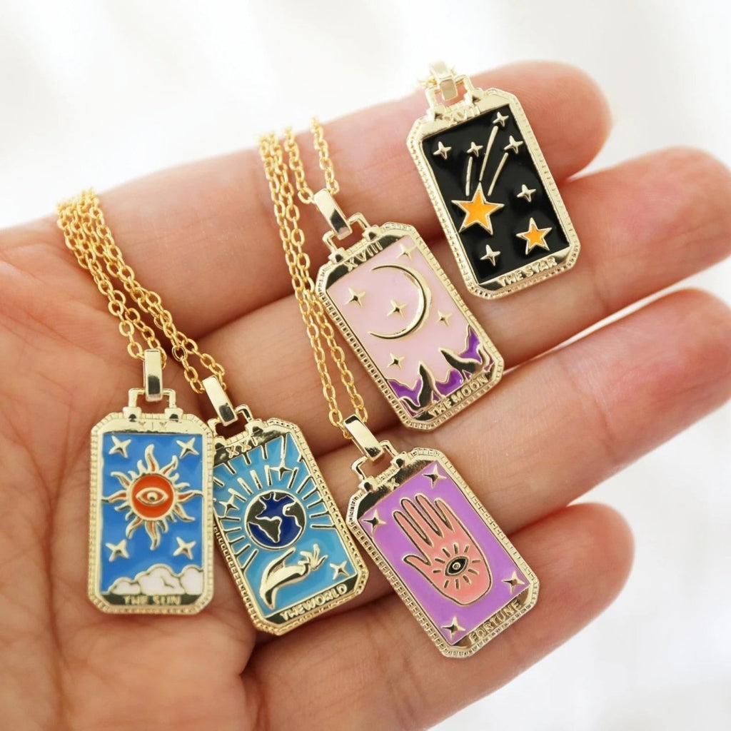 Tarot Card Necklace – Stainless Steel Tarot Pendant Necklace, Sun, Moon, Star & World, Each with Its Own Meaning – Amore - Nalani - Fashion Clothing and Decor