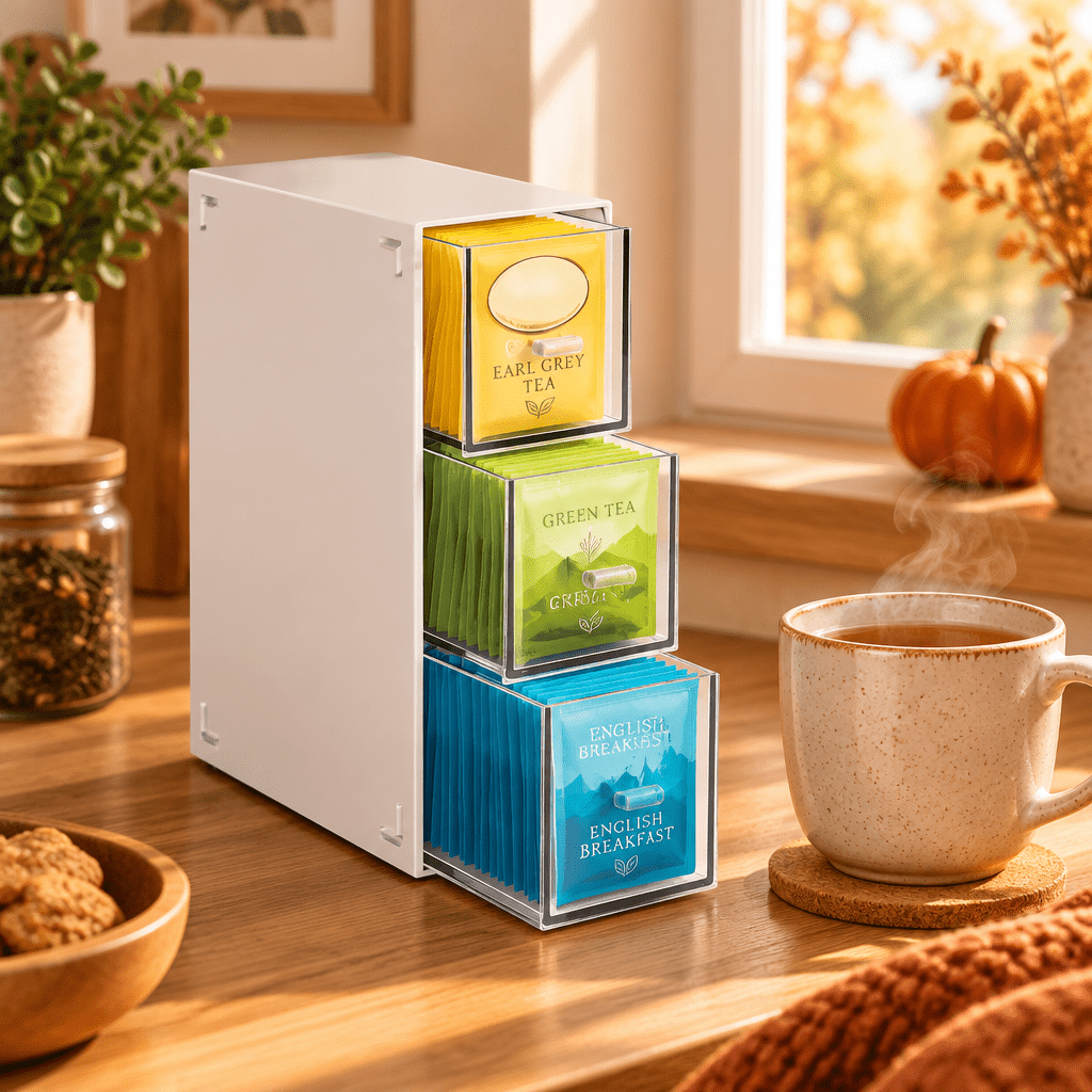 Tea & Kitchen Organizer with Drawer – Tea Bag Storage Box with 3 Drawers for Coffee Pods & Kitchen Items – Livvy - Nalani - Fashion Clothing and Decor