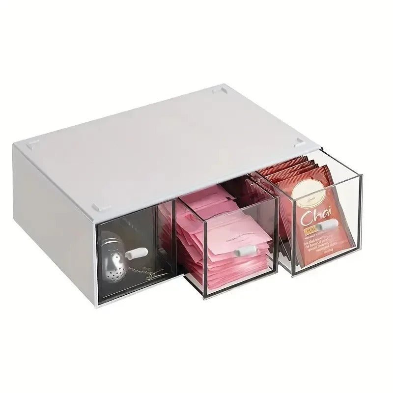 Tea & Kitchen Organizer with Drawer – Tea Bag Storage Box with 3 Drawers for Coffee Pods & Kitchen Items – Livvy - Nalani - Fashion Clothing and Decor