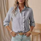 Textured Ruffle Trim Stand Collar Button Down Blouse - Nalani - UK and AUS Fashion Clothing and Decor