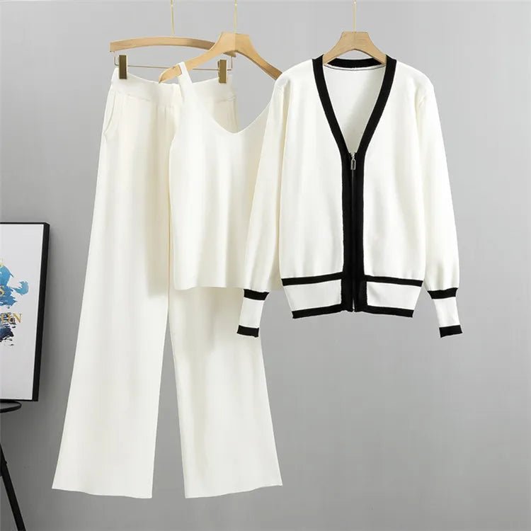 Three - piece women's knitwear set with V - neck | including vest and wide - leg trousers - Nalani - Fashion Clothing and Decor