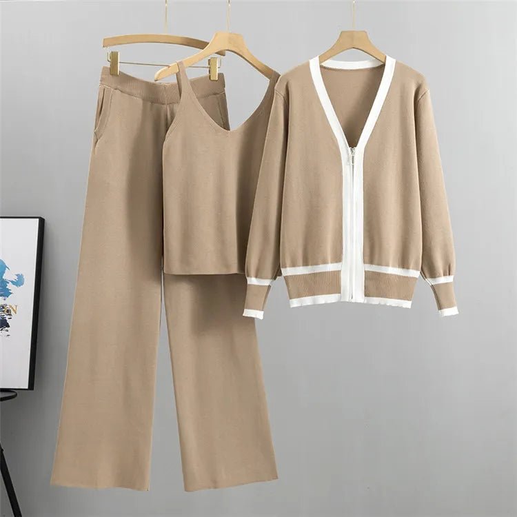 Three - piece women's knitwear set with V - neck | including vest and wide - leg trousers - Nalani - Fashion Clothing and Decor