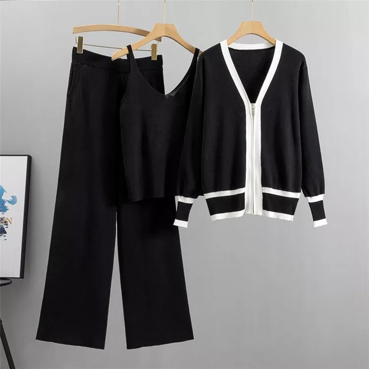 Three - piece women's knitwear set with V - neck | including vest and wide - leg trousers - Nalani - Fashion Clothing and Decor