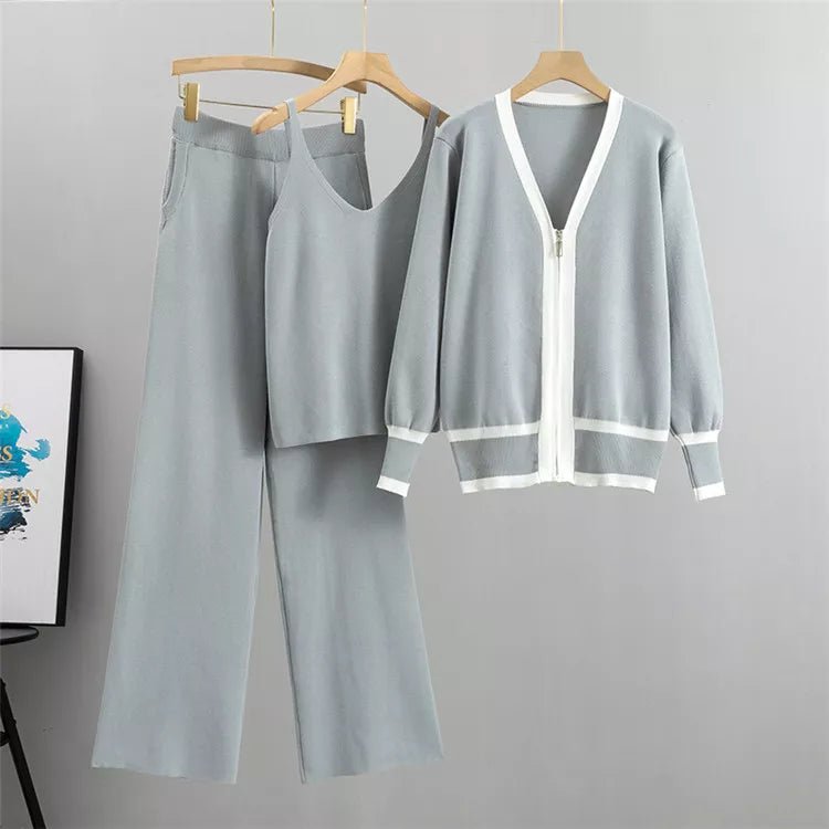 Three - piece women's knitwear set with V - neck | including vest and wide - leg trousers - Nalani - Fashion Clothing and Decor