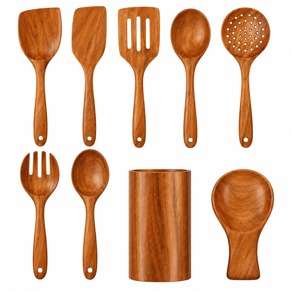 Traditional Japanese Wooden Kitchen Utensils (7-Piece) – Natural Unfinished Wooden Spoons & Spatulas for Cooking - Nalani - Fashion Clothing and Decor