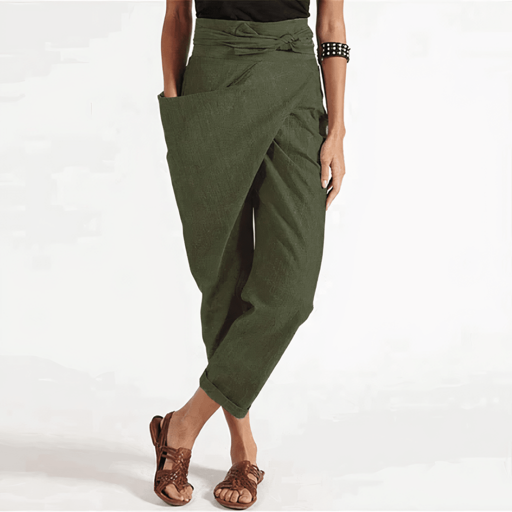 Veloura | Asymmetrical Women's Trousers with Waist Belt | Straight Leg & High Waist - Nalani - Fashion Clothing and Decor