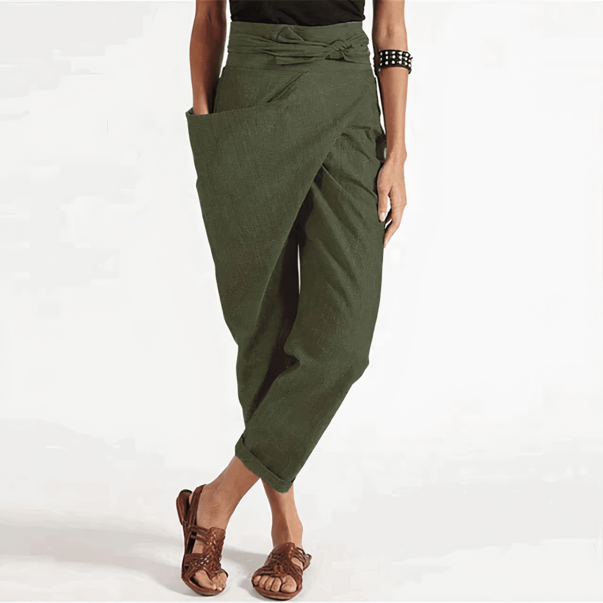 Veloura | Asymmetrical Women's Trousers with Waist Belt | Straight Leg & High Waist - Nalani - Fashion Clothing and Decor