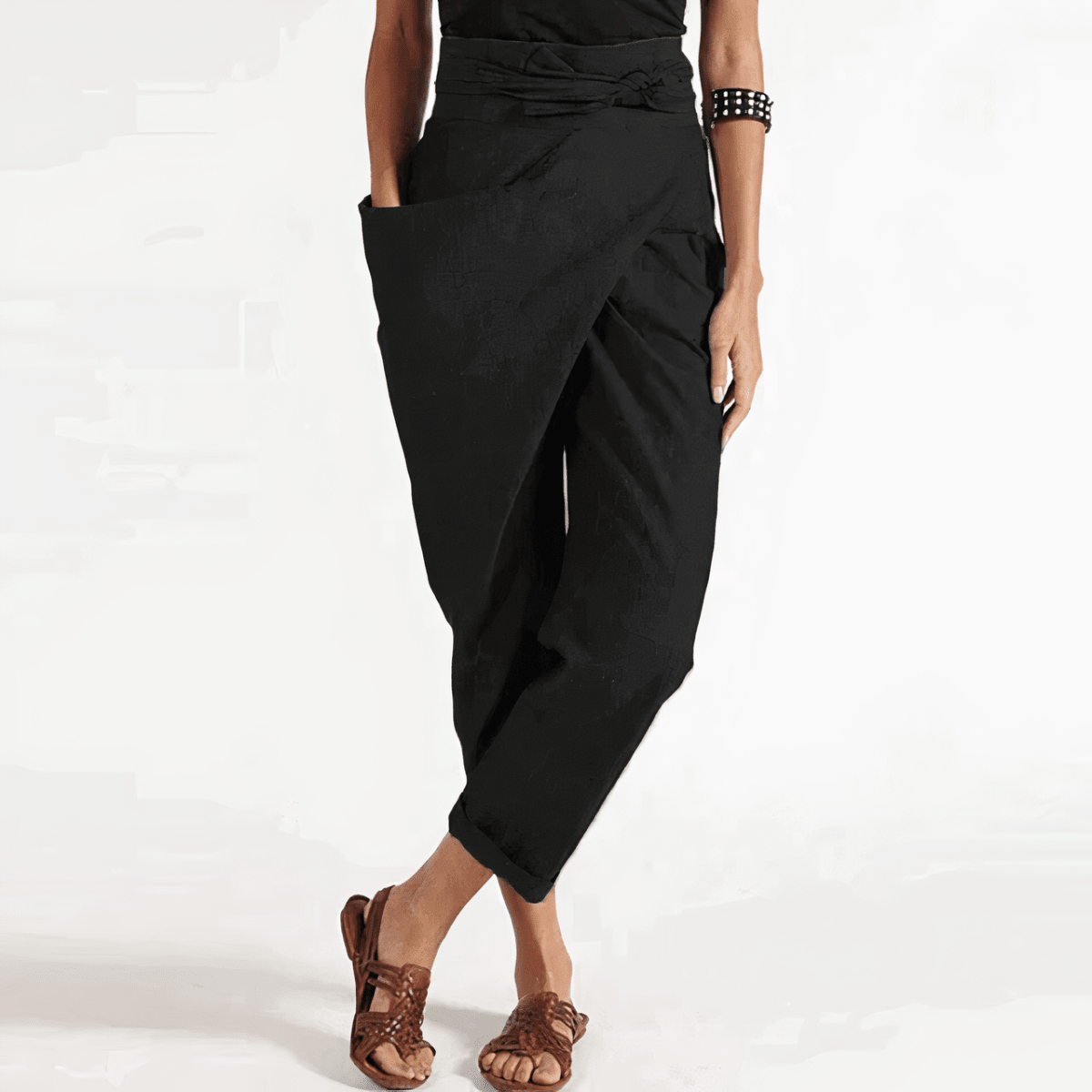 Veloura | Asymmetrical Women's Trousers with Waist Belt | Straight Leg & High Waist - Nalani - Fashion Clothing and Decor