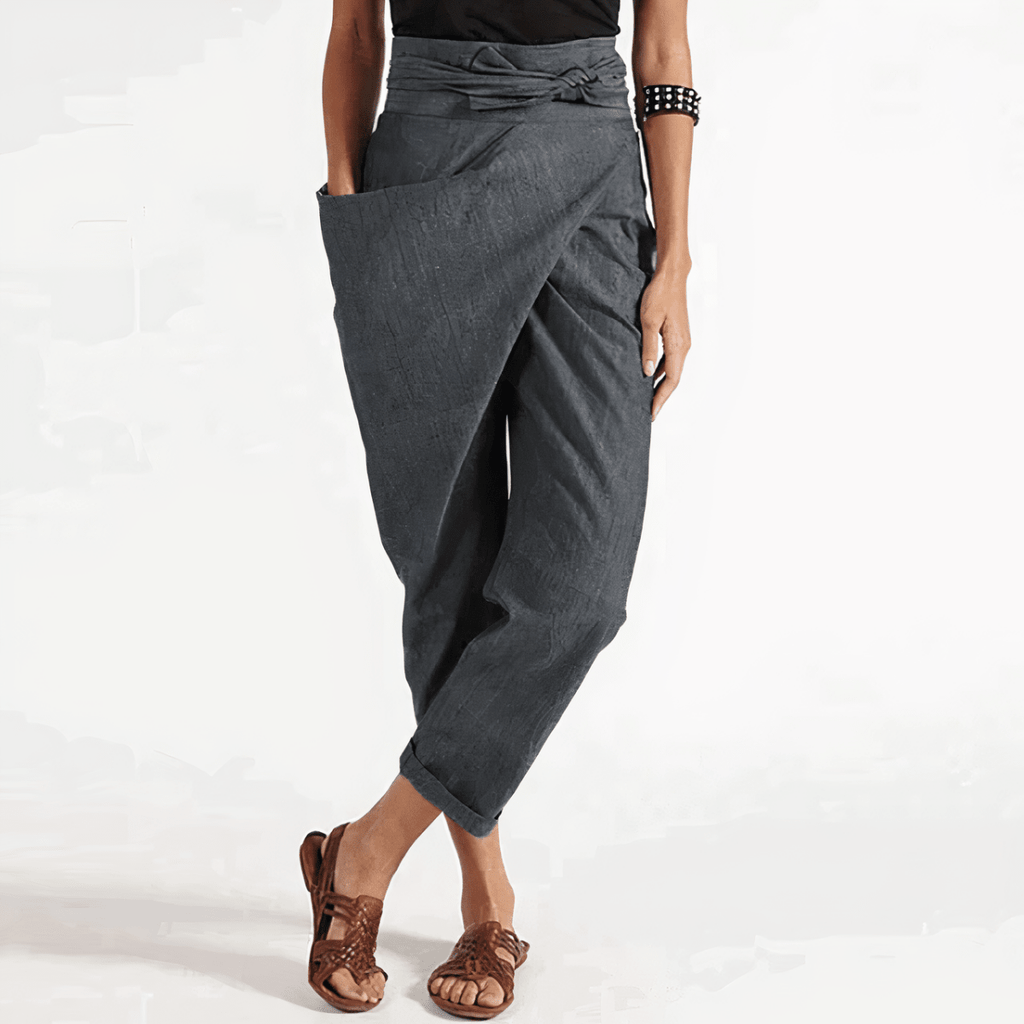 Veloura | Asymmetrical Women's Trousers with Waist Belt | Straight Leg & High Waist - Nalani - Fashion Clothing and Decor