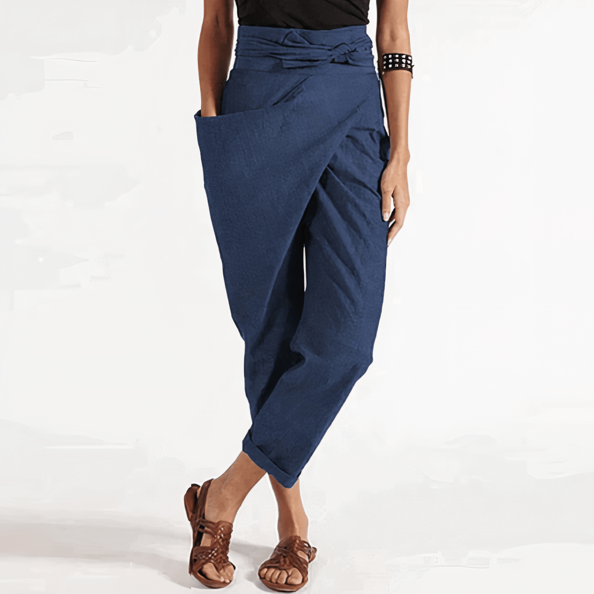 Veloura | Asymmetrical Women's Trousers with Waist Belt | Straight Leg & High Waist - Nalani - Fashion Clothing and Decor