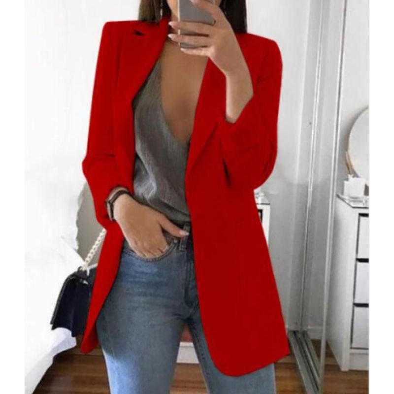 Veloura | Women's Long Work Blazer with Side Pockets | Lapel Collar - Nalani - Fashion Clothing and Decor