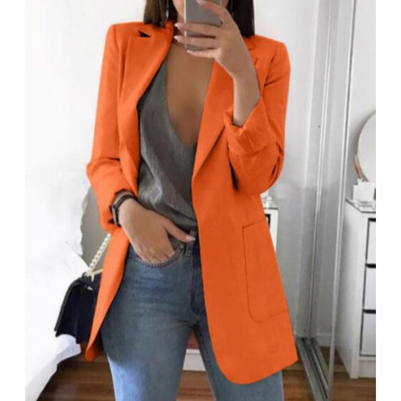 Veloura | Women's Long Work Blazer with Side Pockets | Lapel Collar - Nalani - Fashion Clothing and Decor