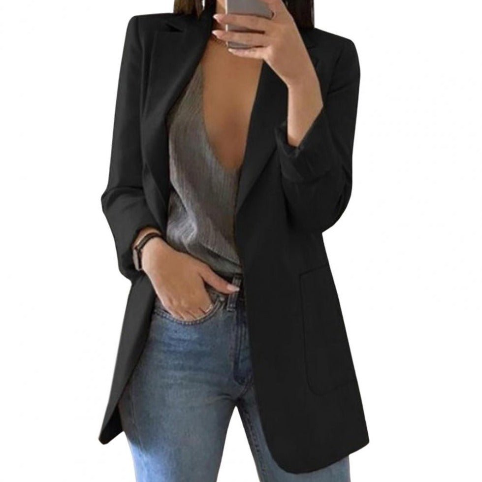 Veloura | Women's Long Work Blazer with Side Pockets | Lapel Collar - Nalani - Fashion Clothing and Decor