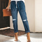 Veloura | Women's Ripped Jeans with Tapered Leg and Drawstring | Casual - Nalani - Fashion Clothing and Decor