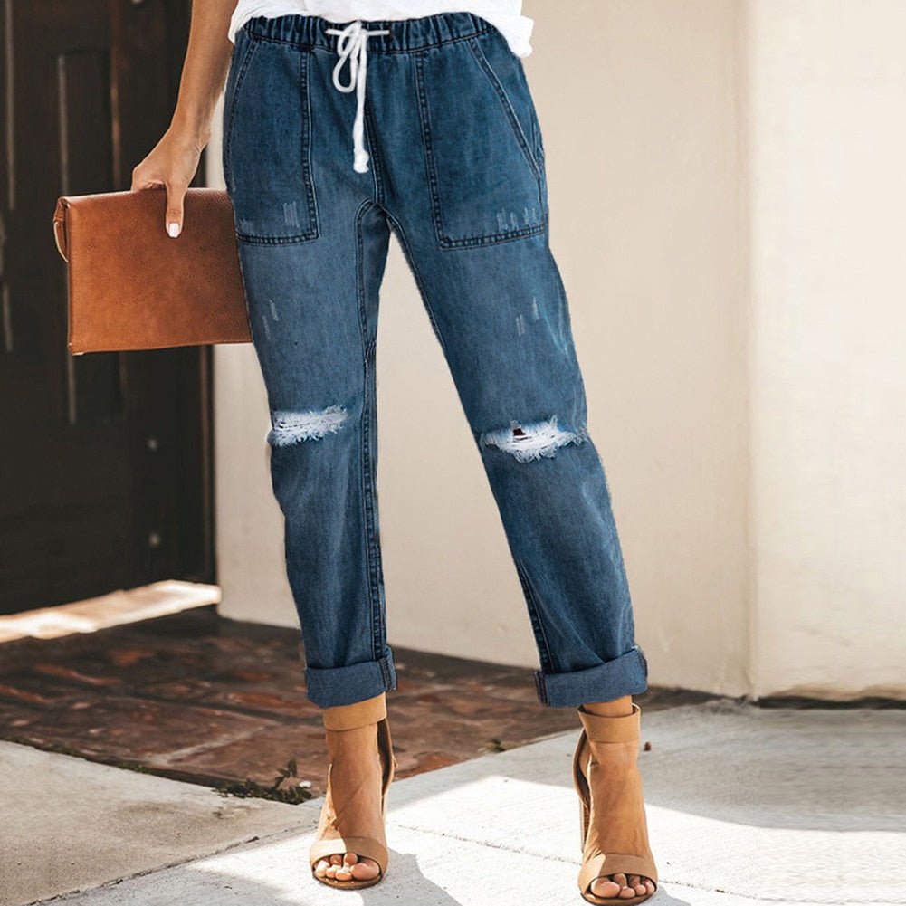 Veloura | Women's Ripped Jeans with Tapered Leg and Drawstring | Casual - Nalani - Fashion Clothing and Decor