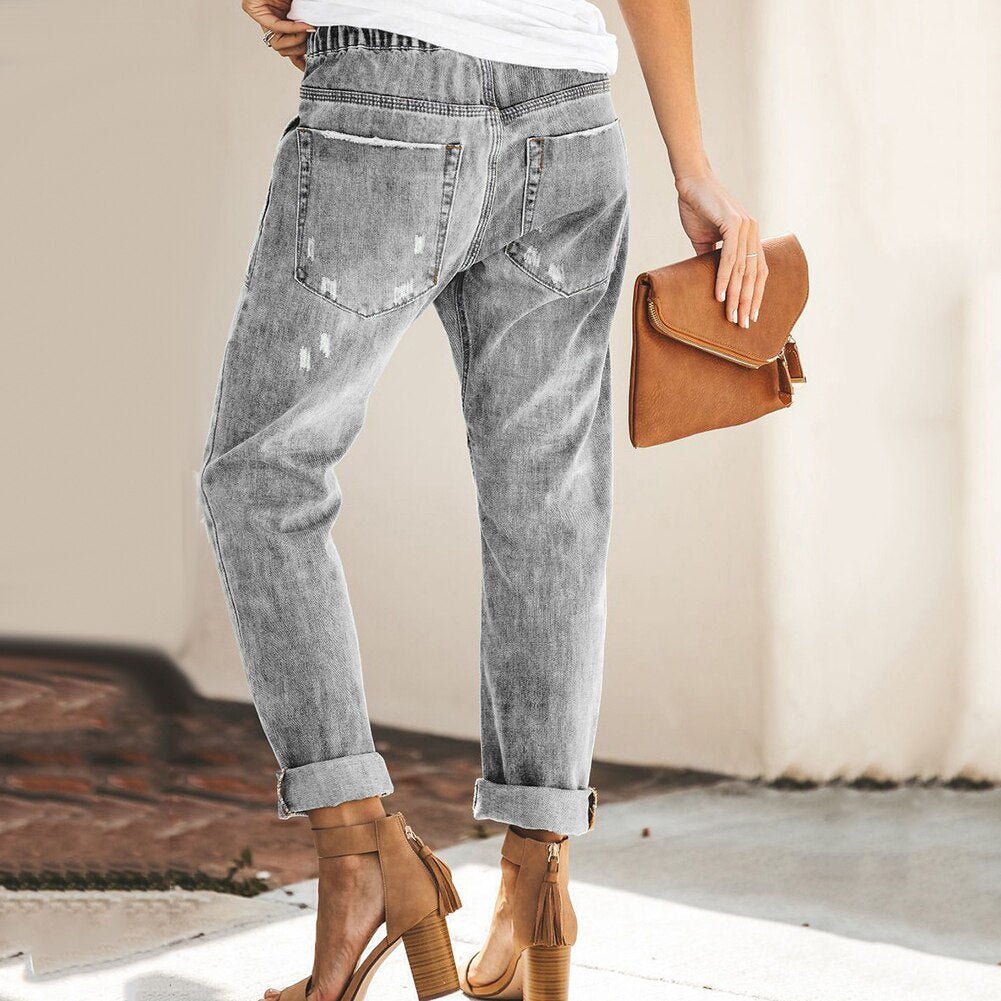 Veloura | Women's Ripped Jeans with Tapered Leg and Drawstring | Casual - Nalani - Fashion Clothing and Decor