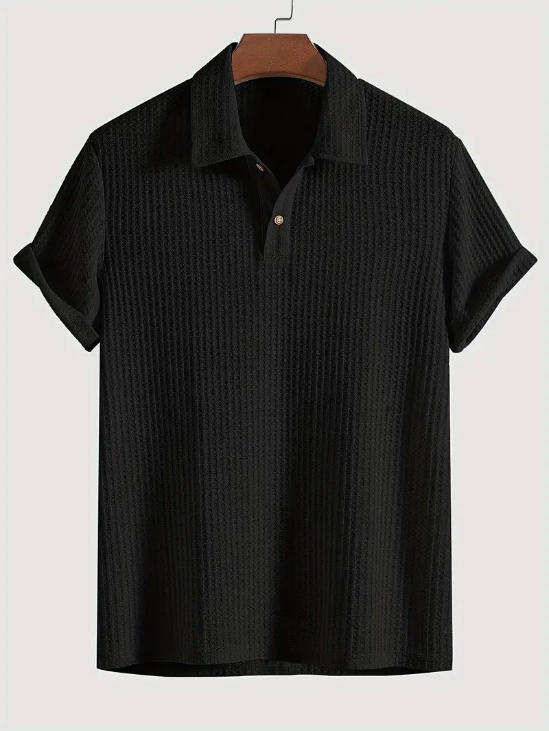 Waffle Knit Polo Shirt For Men Short Sleeve Two Button Placket - Nalani - UK Fashion Clothing and Decor