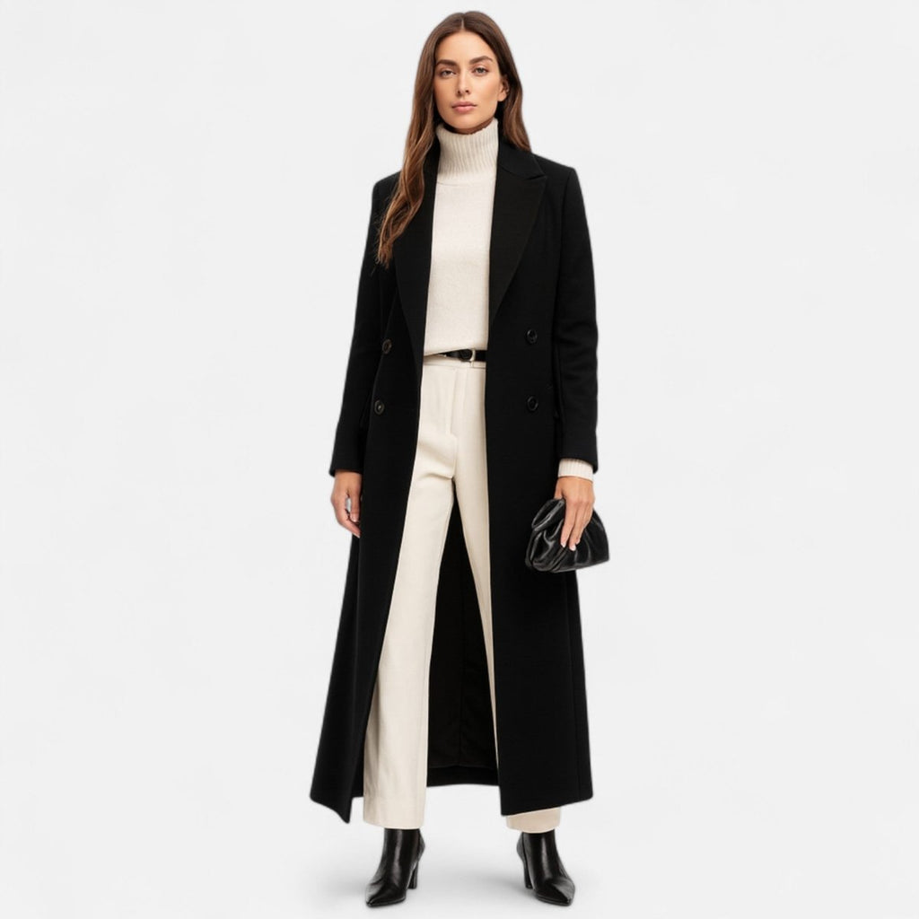 Women Black Maxi Overcoat Longline Tailored Outerwear All Season - Nalani - UK and AUS Fashion Clothing and Decor