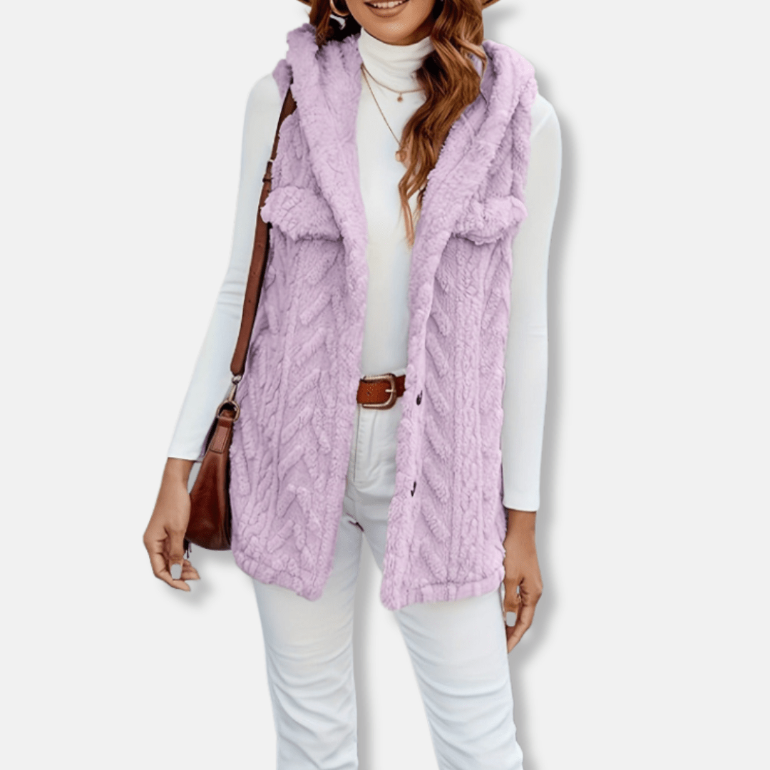 Women Hooded Vest Fuzzy Knit With Button Front And Chest Pockets - Nalani - UK Fashion Clothing and Decor