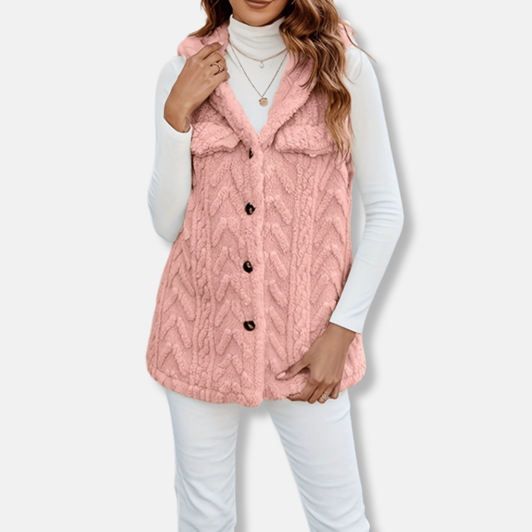 Women Hooded Vest Fuzzy Knit With Button Front And Chest Pockets - Nalani - UK Fashion Clothing and Decor