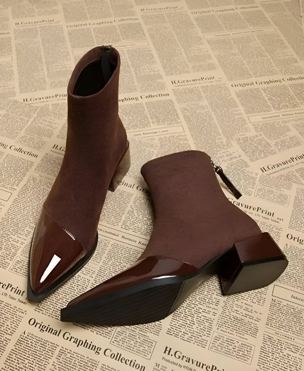 Womens Ankle Boots Suede Detailing Block Heel Elegant - Nalani - Fashion Clothing and Decor