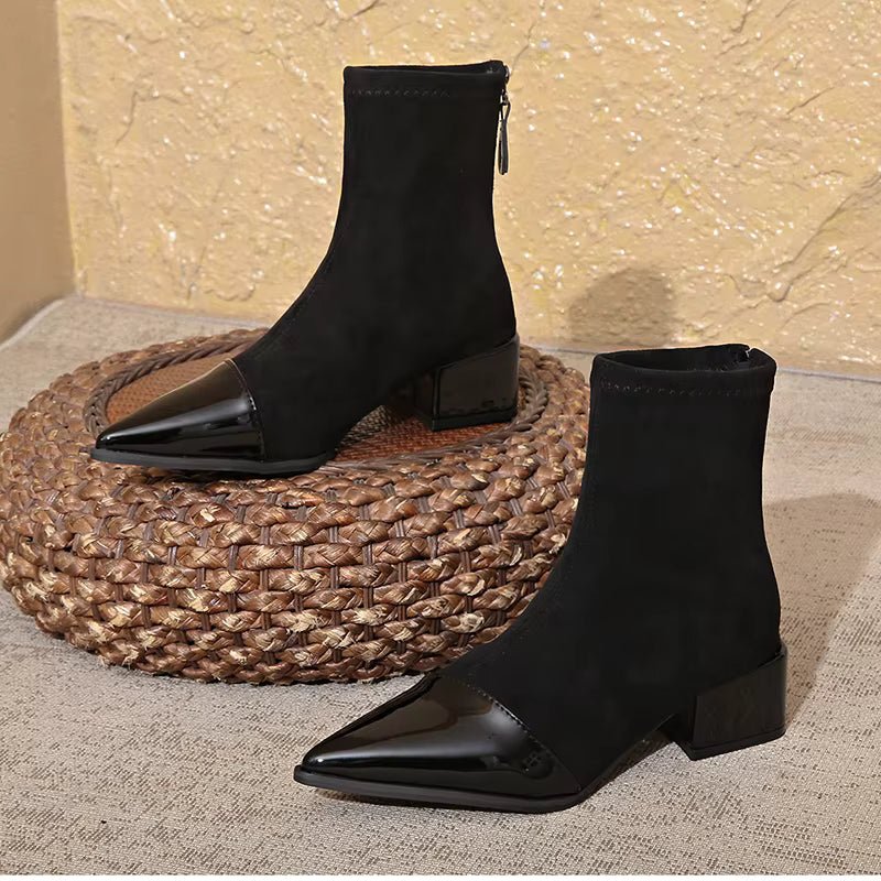 Womens Ankle Boots Suede Detailing Block Heel Elegant - Nalani - Fashion Clothing and Decor