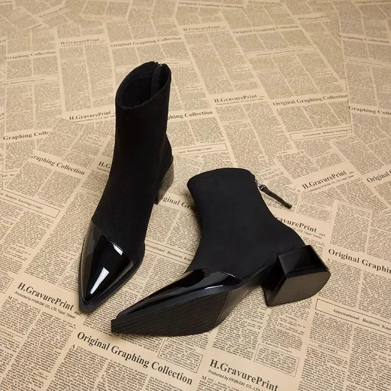Womens Ankle Boots Suede Detailing Block Heel Elegant - Nalani - Fashion Clothing and Decor