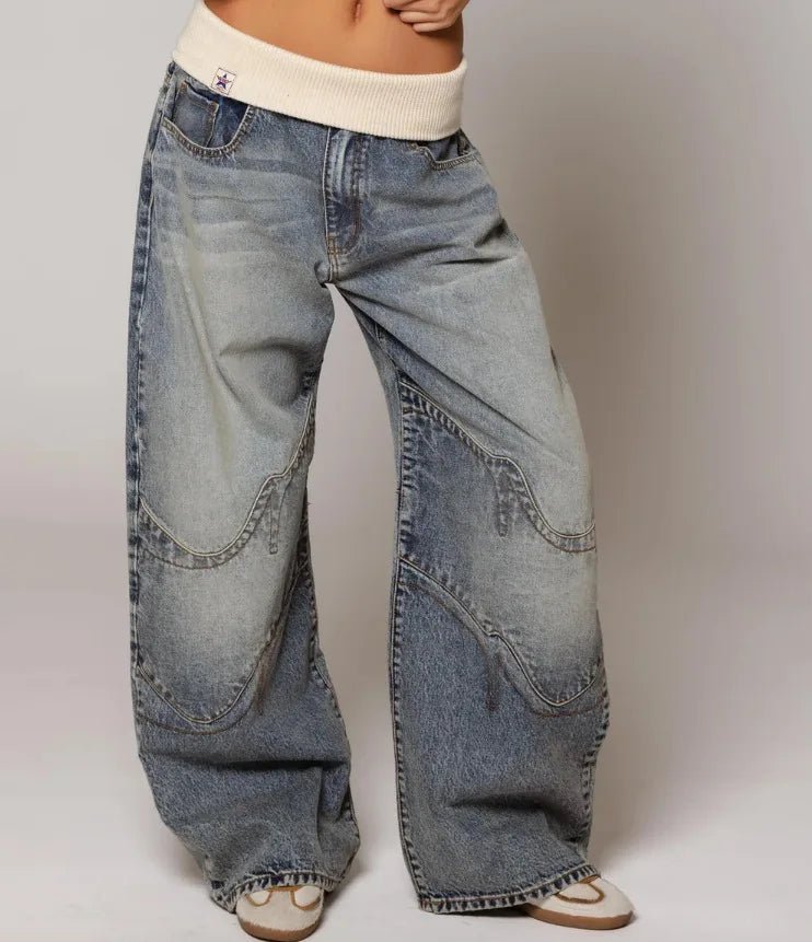 Women's Baggy Jeans with Statement Seams – Wide Leg Jeans with Ribbed Comfort Waistband, Light Blue, S–2XL – Sephira - Nalani - Fashion Clothing and Decor