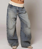 Women's Baggy Jeans with Statement Seams – Wide Leg Jeans with Ribbed Comfort Waistband, Light Blue, S–2XL – Sephira - Nalani - Fashion Clothing and Decor