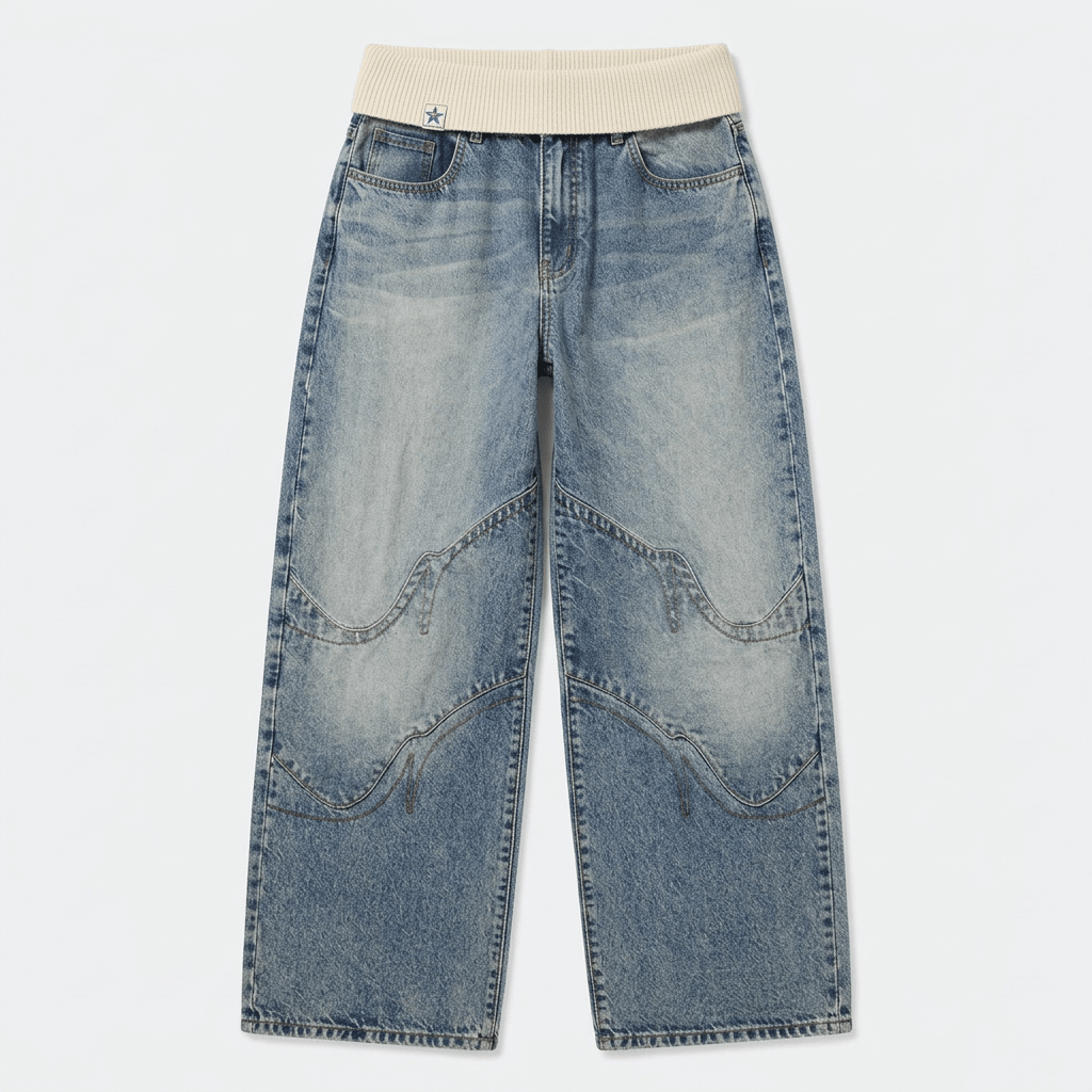 Women's Baggy Jeans with Statement Seams – Wide Leg Jeans with Ribbed Comfort Waistband, Light Blue, S–2XL – Sephira - Nalani - Fashion Clothing and Decor