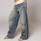 Women's Baggy Jeans with Statement Seams – Wide Leg Jeans with Ribbed Comfort Waistband, Light Blue, S–2XL – Sephira - Nalani - Fashion Clothing and Decor