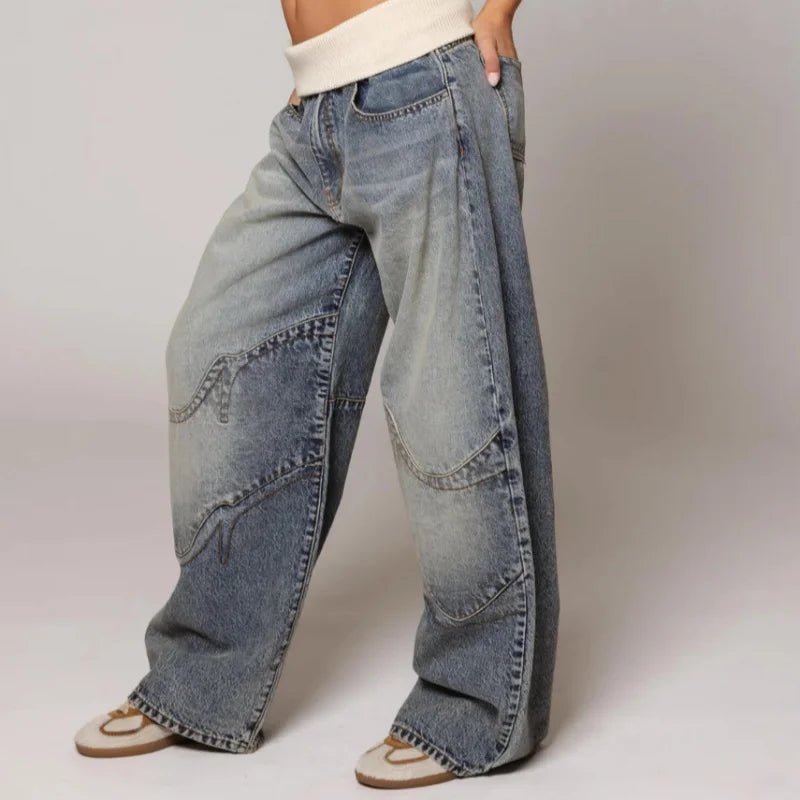 Women's Baggy Jeans with Statement Seams – Wide Leg Jeans with Ribbed Comfort Waistband, Light Blue, S–2XL – Sephira - Nalani - Fashion Clothing and Decor