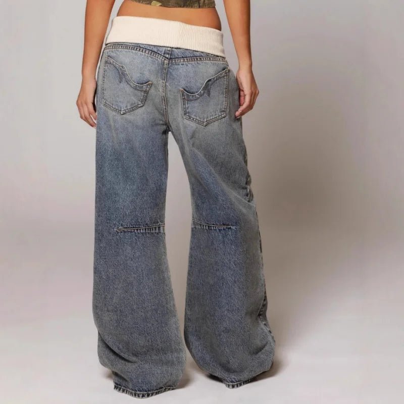 Women's Baggy Jeans with Statement Seams – Wide Leg Jeans with Ribbed Comfort Waistband, Light Blue, S–2XL – Sephira - Nalani - Fashion Clothing and Decor