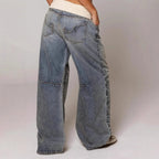 Women's Baggy Jeans with Statement Seams – Wide Leg Jeans with Ribbed Comfort Waistband, Light Blue, S–2XL – Sephira - Nalani - Fashion Clothing and Decor
