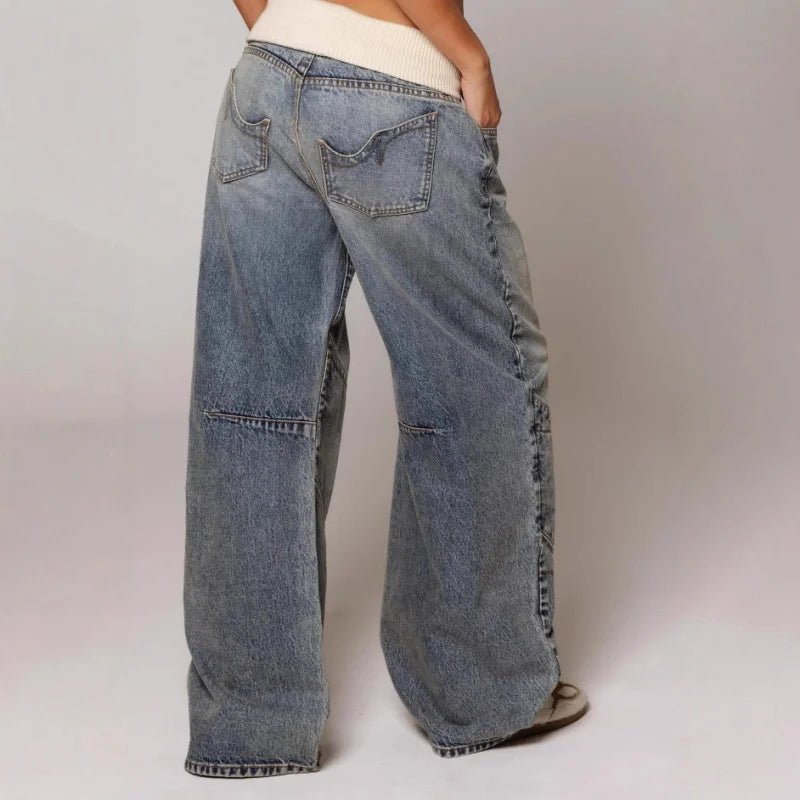 Women's Baggy Jeans with Statement Seams – Wide Leg Jeans with Ribbed Comfort Waistband, Light Blue, S–2XL – Sephira - Nalani - Fashion Clothing and Decor
