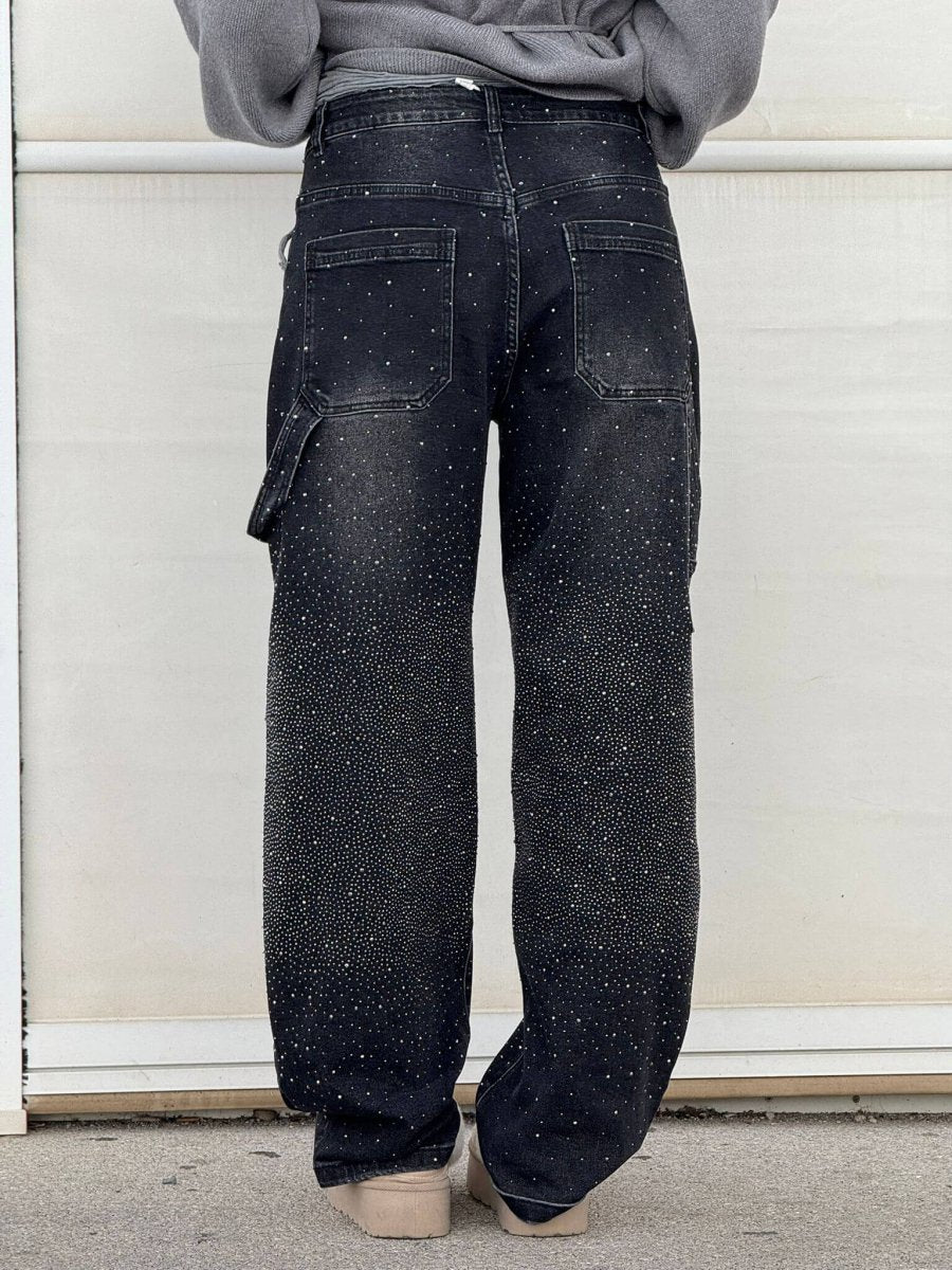Women’s Blue Black Baggy Jeans – Balloon Fit – Sparkling Embellished Details – Full Length Denim - Nalani - UK Fashion Clothing and Decor