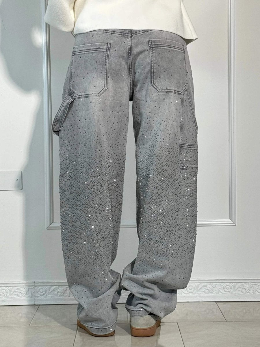 Women’s Blue Black Baggy Jeans – Balloon Fit – Sparkling Embellished Details – Full Length Denim - Nalani - UK Fashion Clothing and Decor