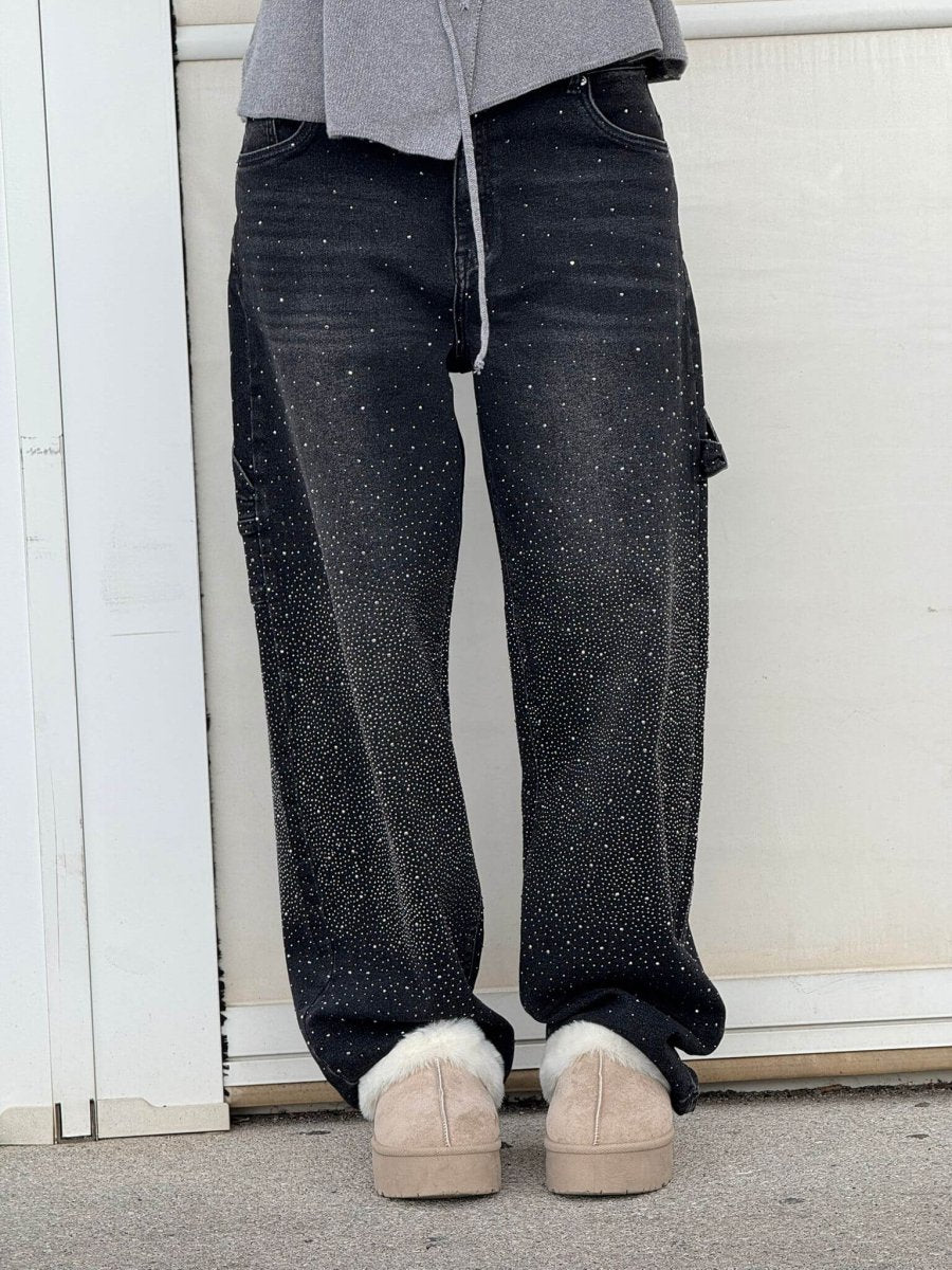 Women’s Blue Black Baggy Jeans – Balloon Fit – Sparkling Embellished Details – Full Length Denim - Nalani - UK Fashion Clothing and Decor