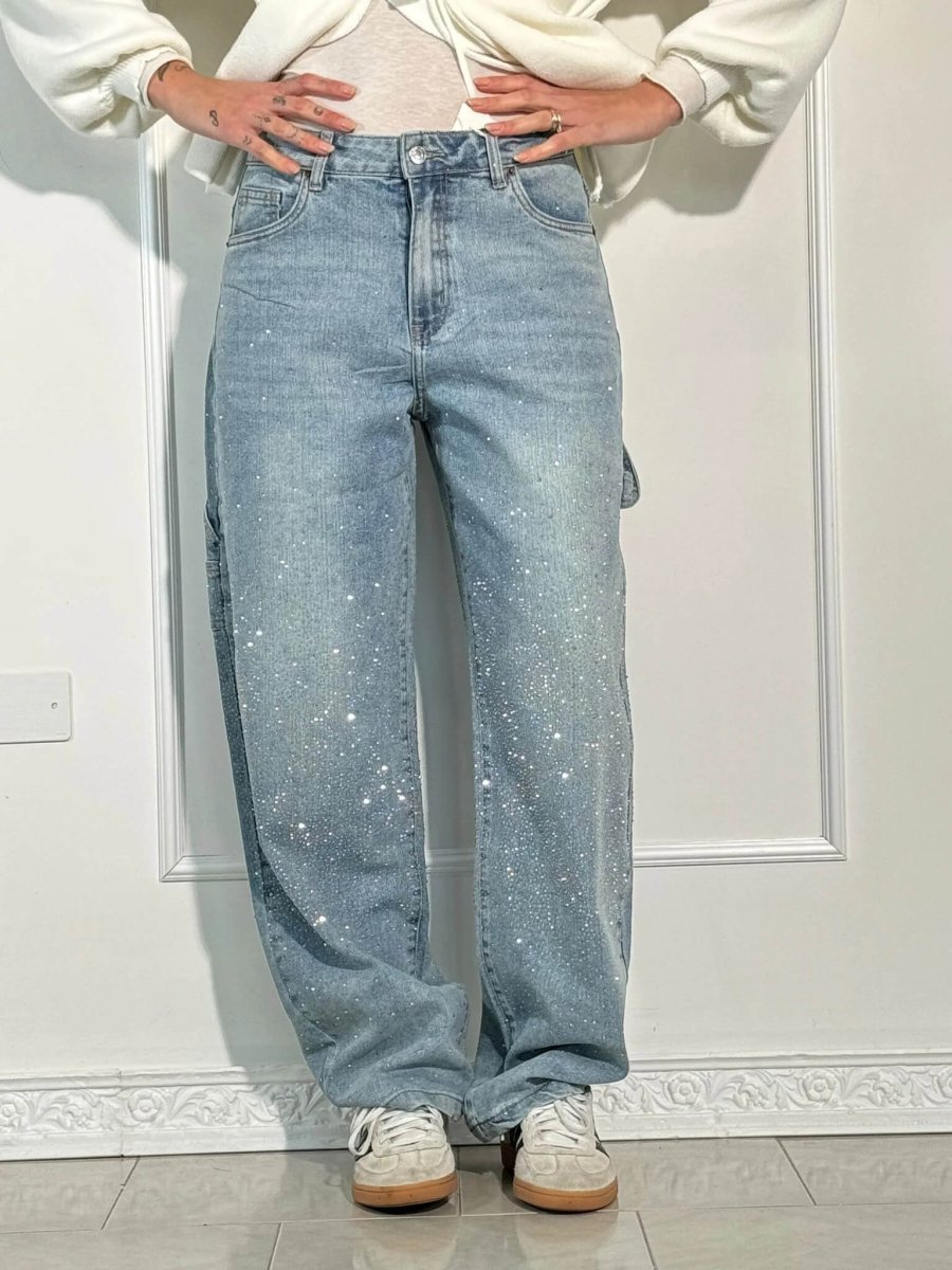 Women’s Blue Black Baggy Jeans – Balloon Fit – Sparkling Embellished Details – Full Length Denim - Nalani - UK Fashion Clothing and Decor