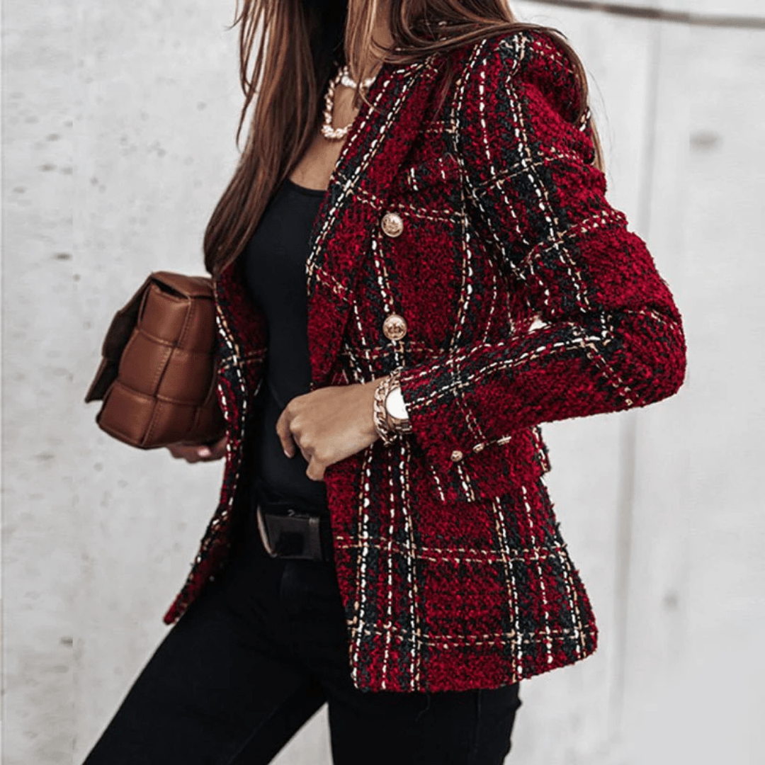 Women's Checkered Blazer with Buttons and Lapel Collar | Long Sleeve - Nalani - Fashion Clothing and Decor