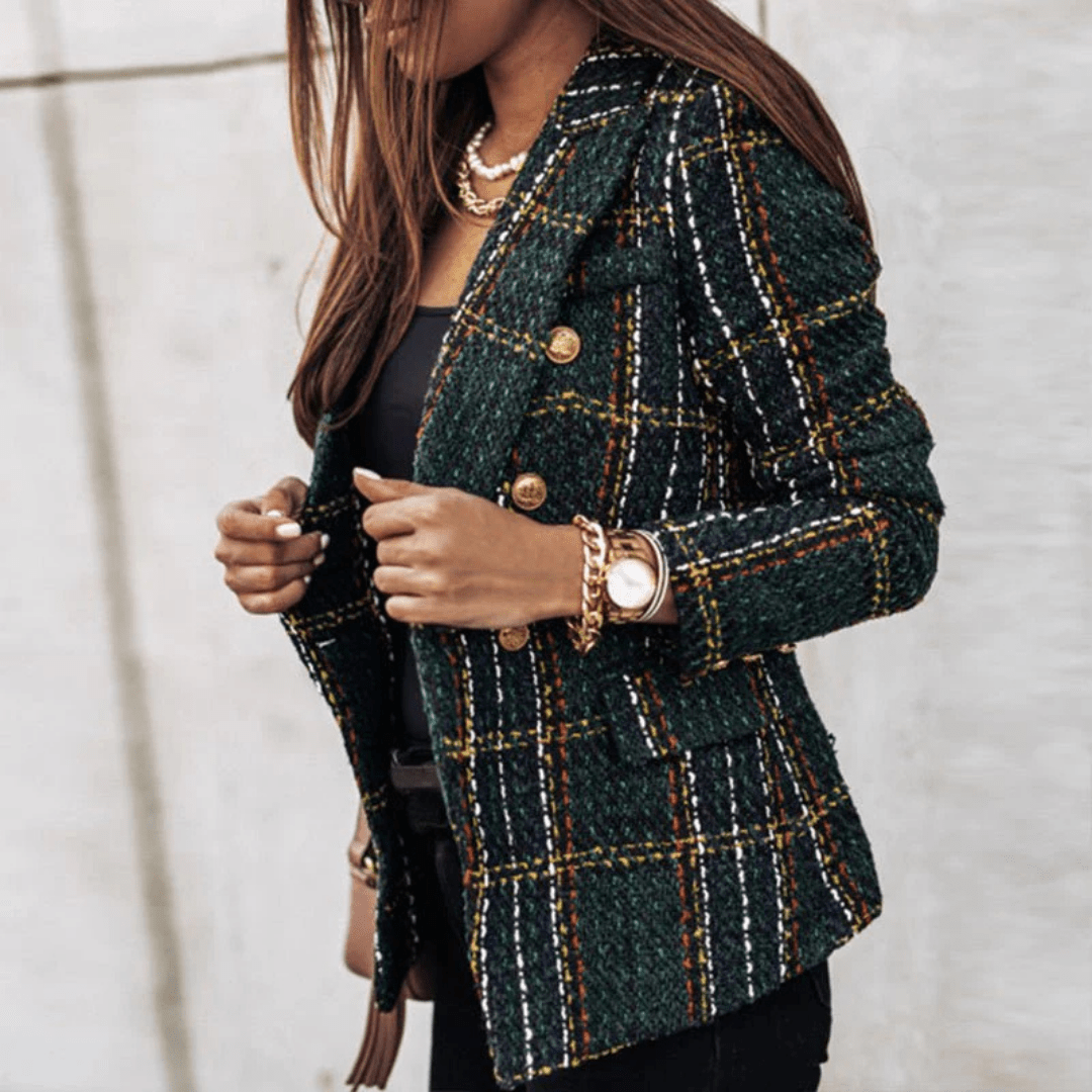 Women's Checkered Blazer with Buttons and Lapel Collar | Long Sleeve - Nalani - Fashion Clothing and Decor