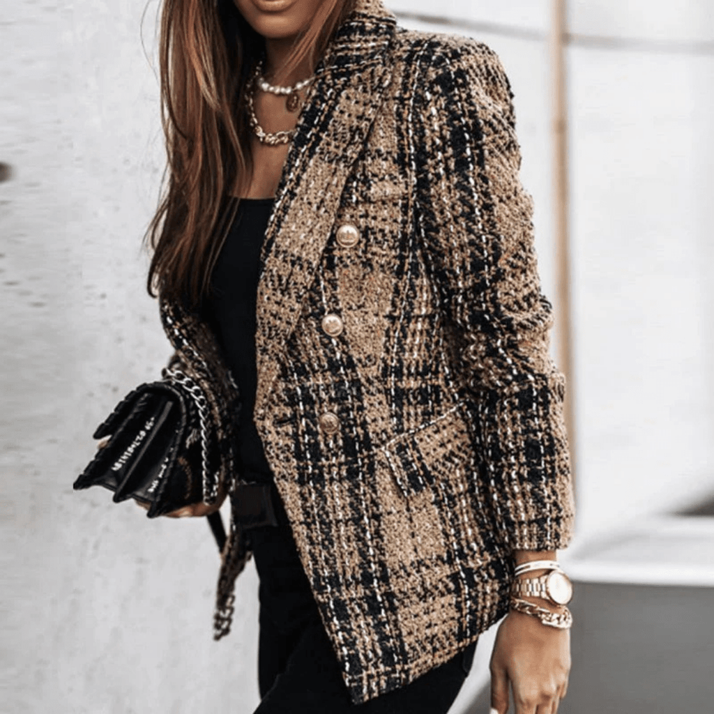 Women's Checkered Blazer with Buttons and Lapel Collar | Long Sleeve - Nalani - Fashion Clothing and Decor