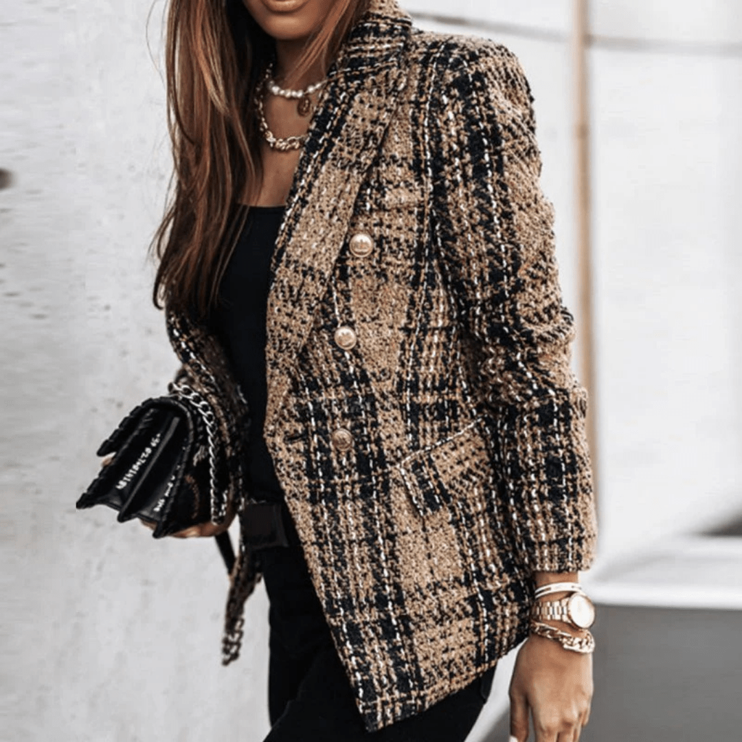 Women's Checkered Blazer with Buttons and Lapel Collar | Long Sleeve - Nalani - Fashion Clothing and Decor