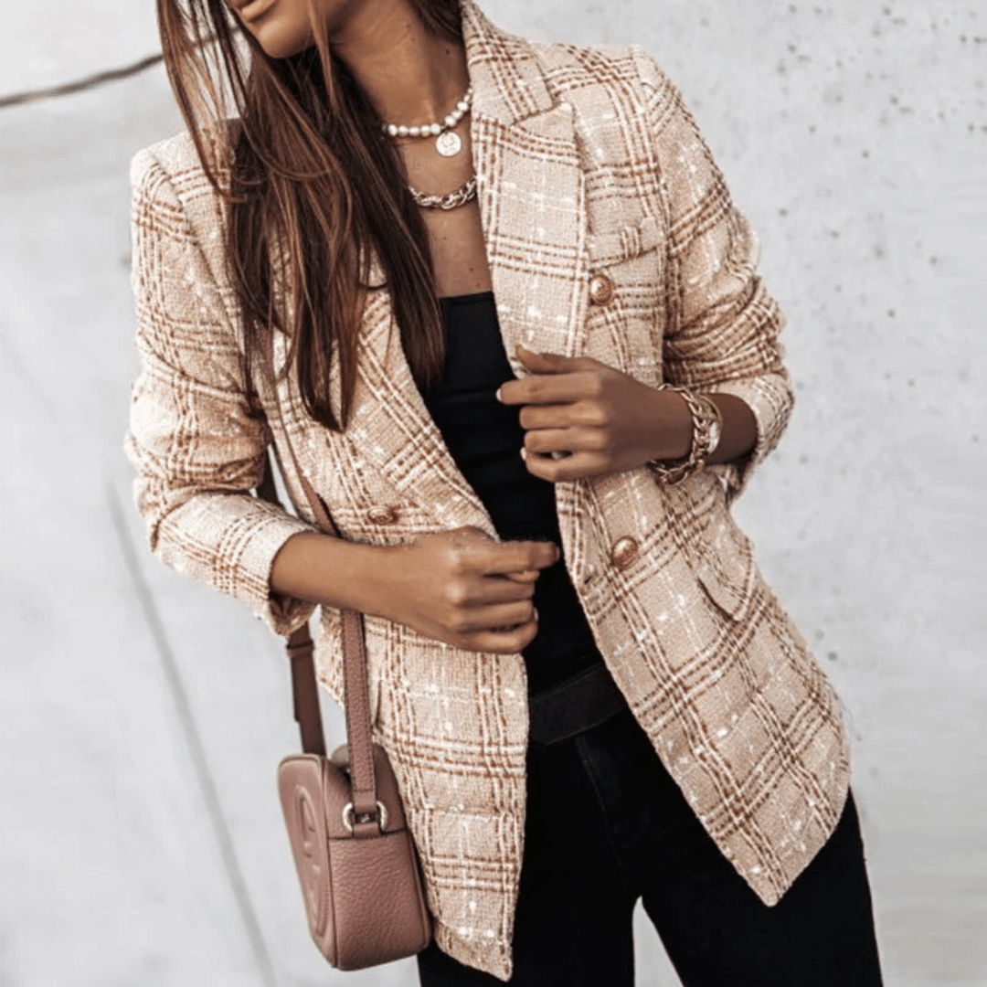 Women's Checkered Blazer with Buttons and Lapel Collar | Long Sleeve - Nalani - Fashion Clothing and Decor
